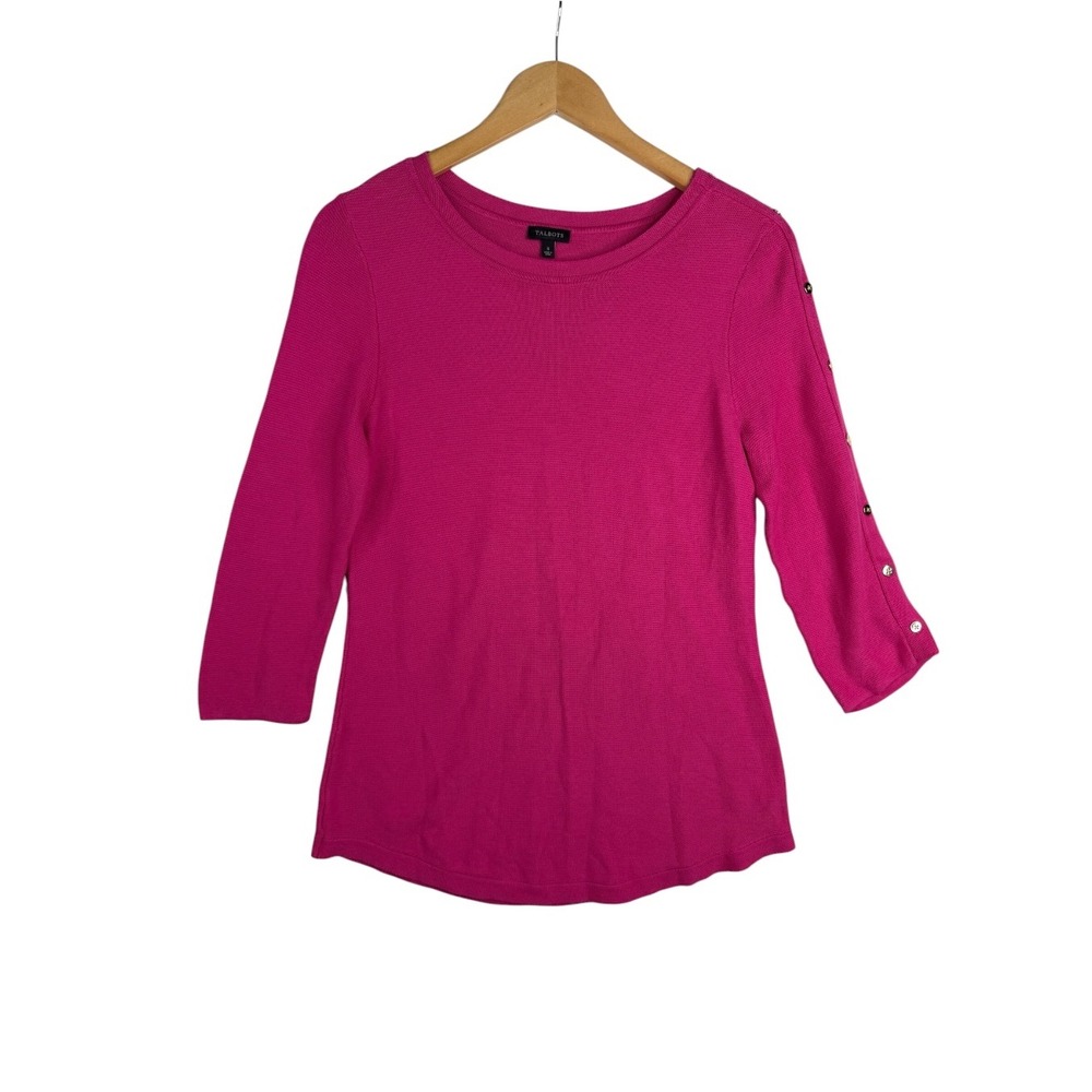 Talbots Womens Hot Pink 3/4 Sleeve Sweater Buttons Detailed Size Small Knit